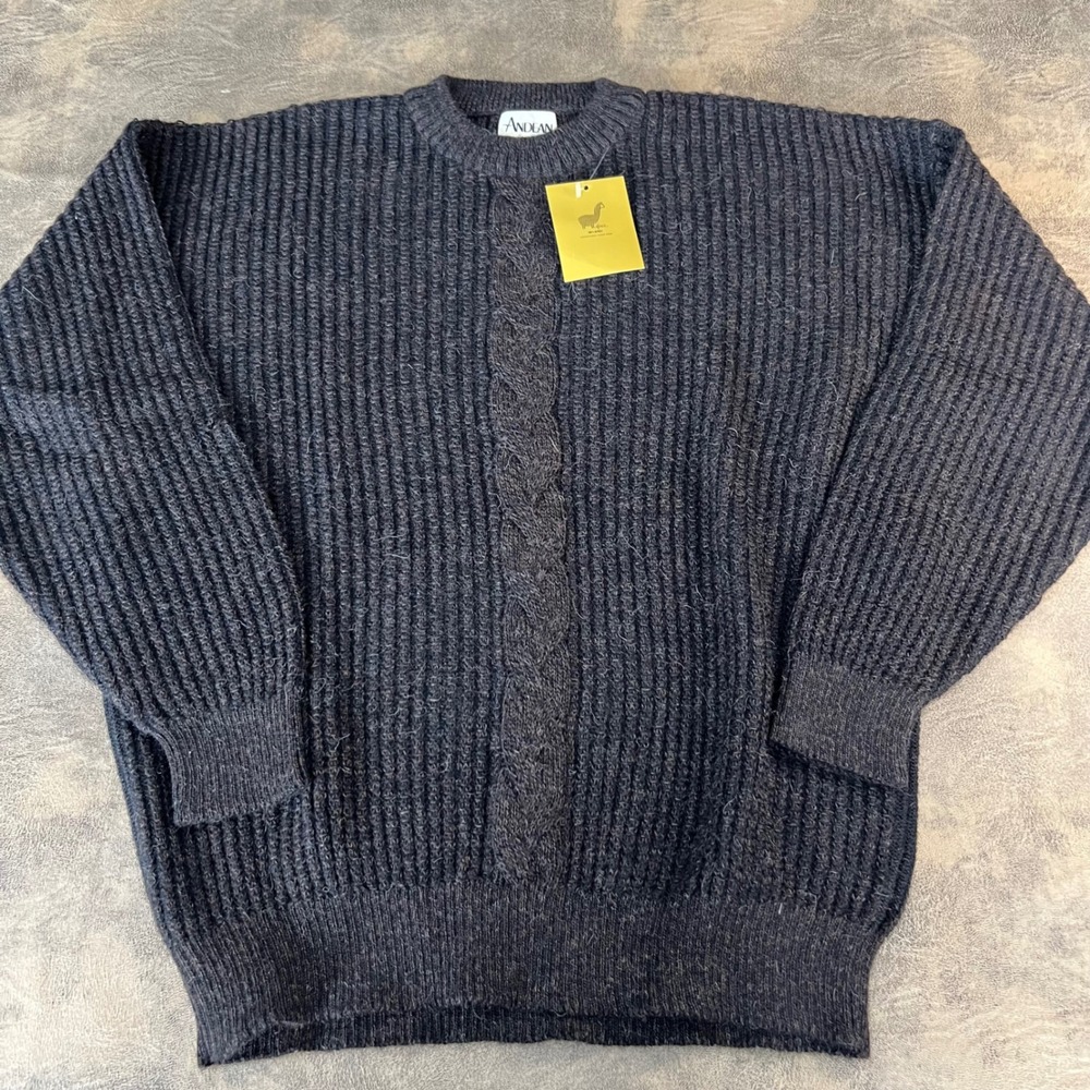Andean Alpaca Sweater Mens Large Brown Ribbed Cable Knit Crewneck Peru